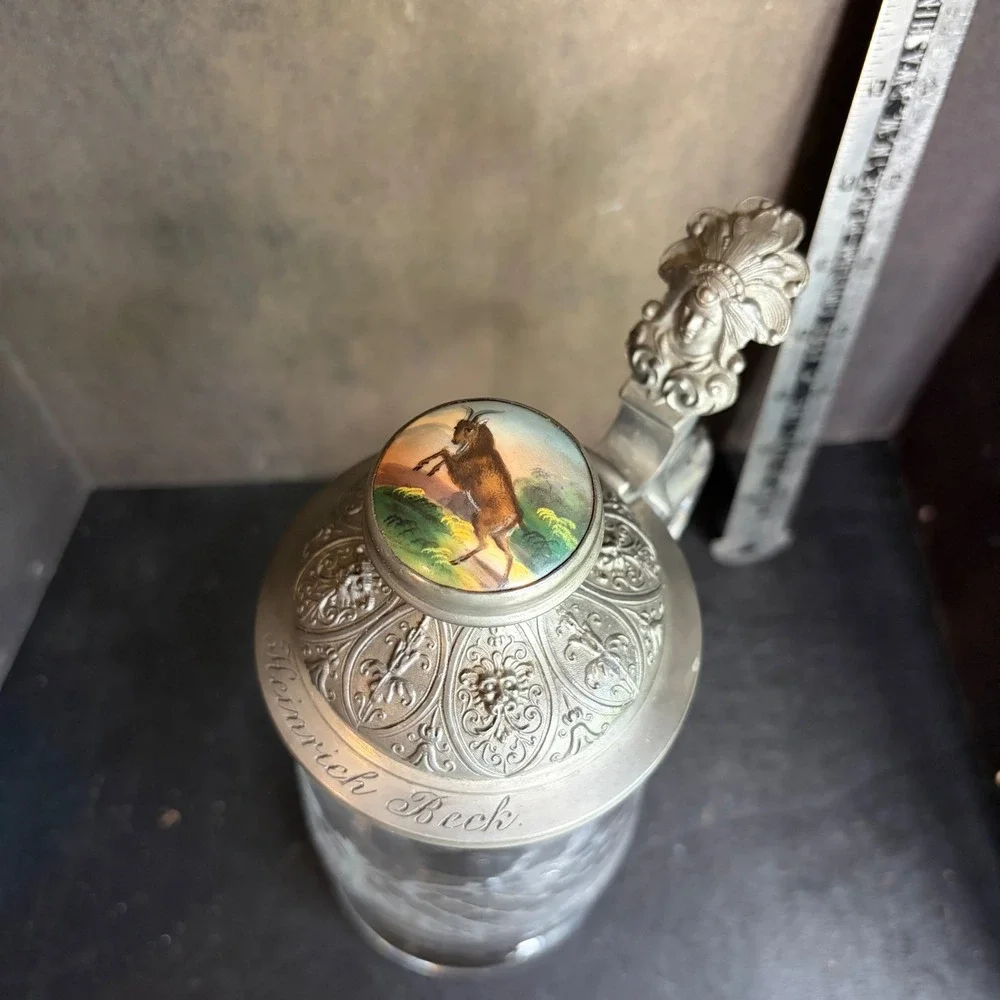 Antique Heinrich Beck Etched Glass Beer Stein Pewter Lid Mountain Goat Porcelain